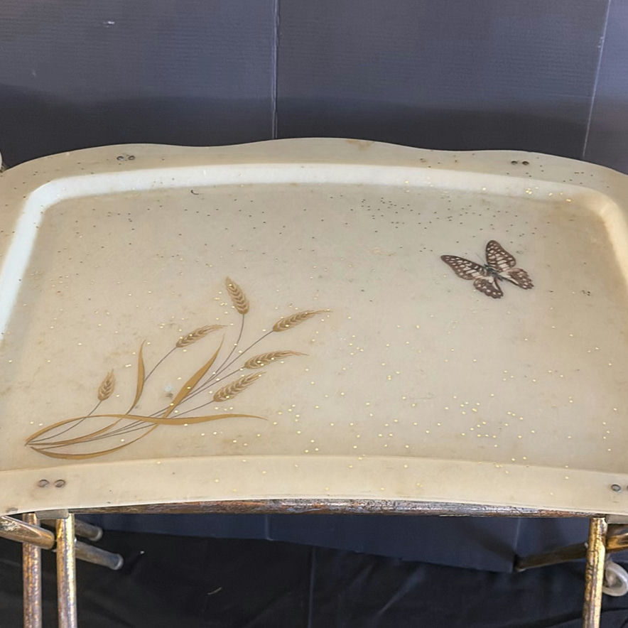 Vintage wheeled tray table with ceramic top and wooden back panel - image 7 of 8