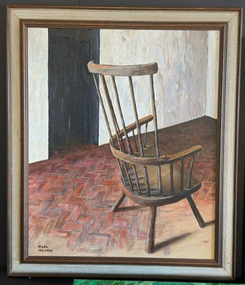 Ruth Shirley framed paintings: chair, florals, landscape, and abstract greens - Image 1 of 8