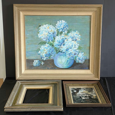 Ruth Shirley Framed Paintings: Hydrangea Bouquet, Cottage Scene, and Market Scene - Image 1 of 6