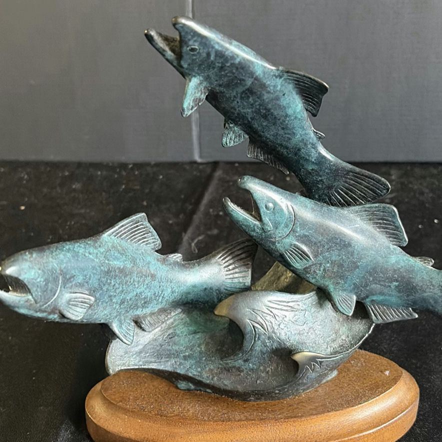 Group of Five Patinated Metal Fish Sculptures on Wood Base - image 2 of 4
