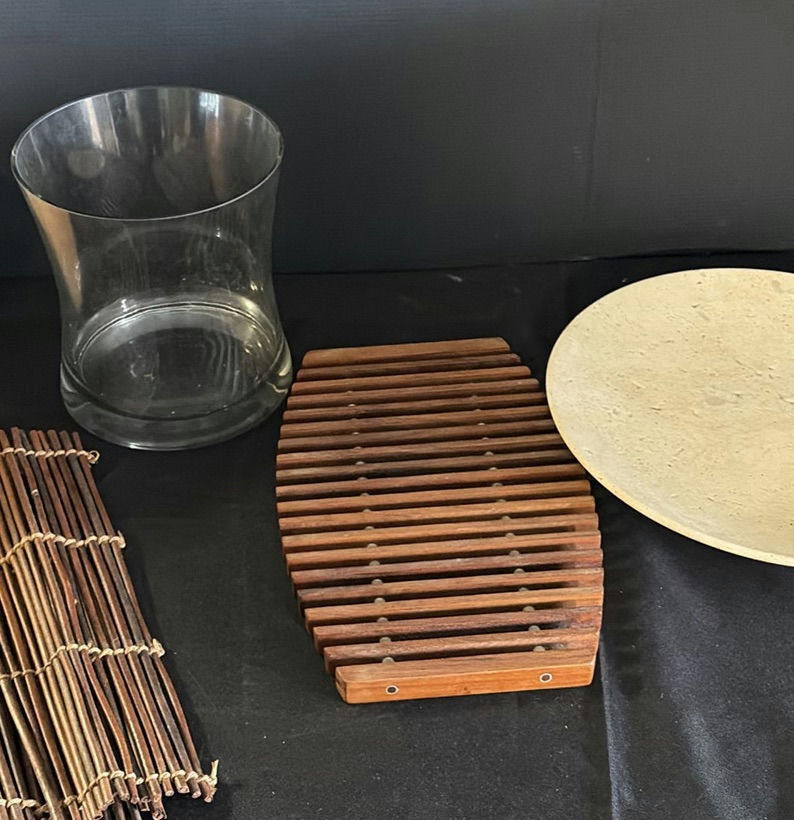 Wooden bowl, glass vase, bamboo placemat, slatted wooden trivet, and round beige disc - image 3 of 4
