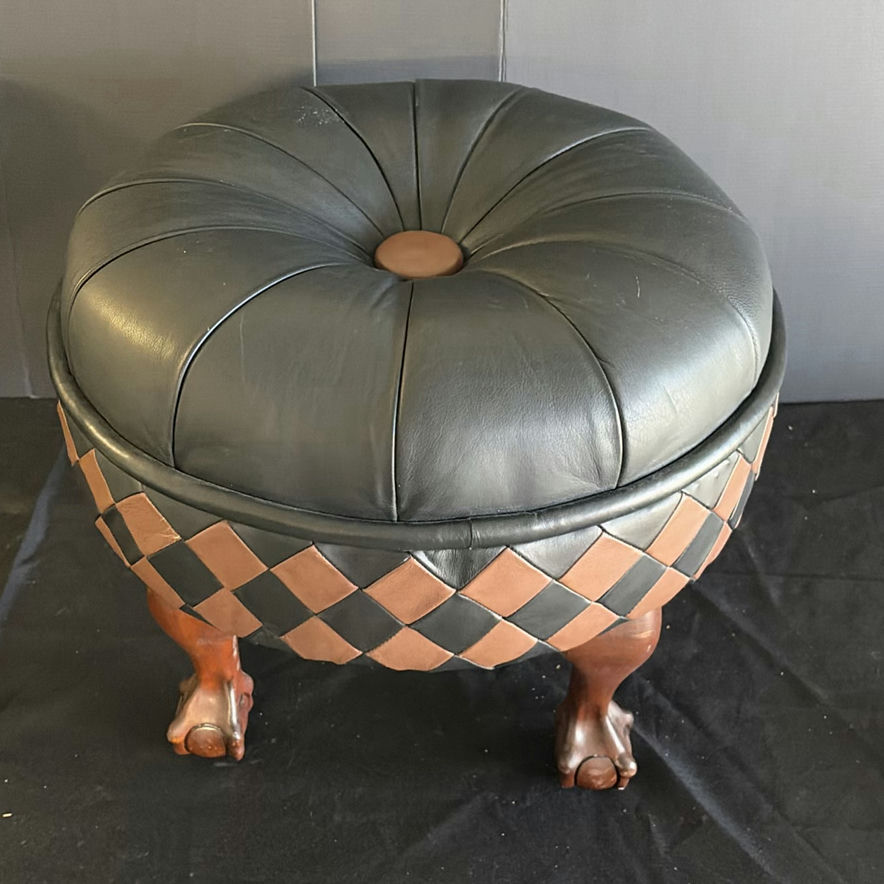 Glass-top table, round leather ottoman, and wooden tray - image 4 of 5