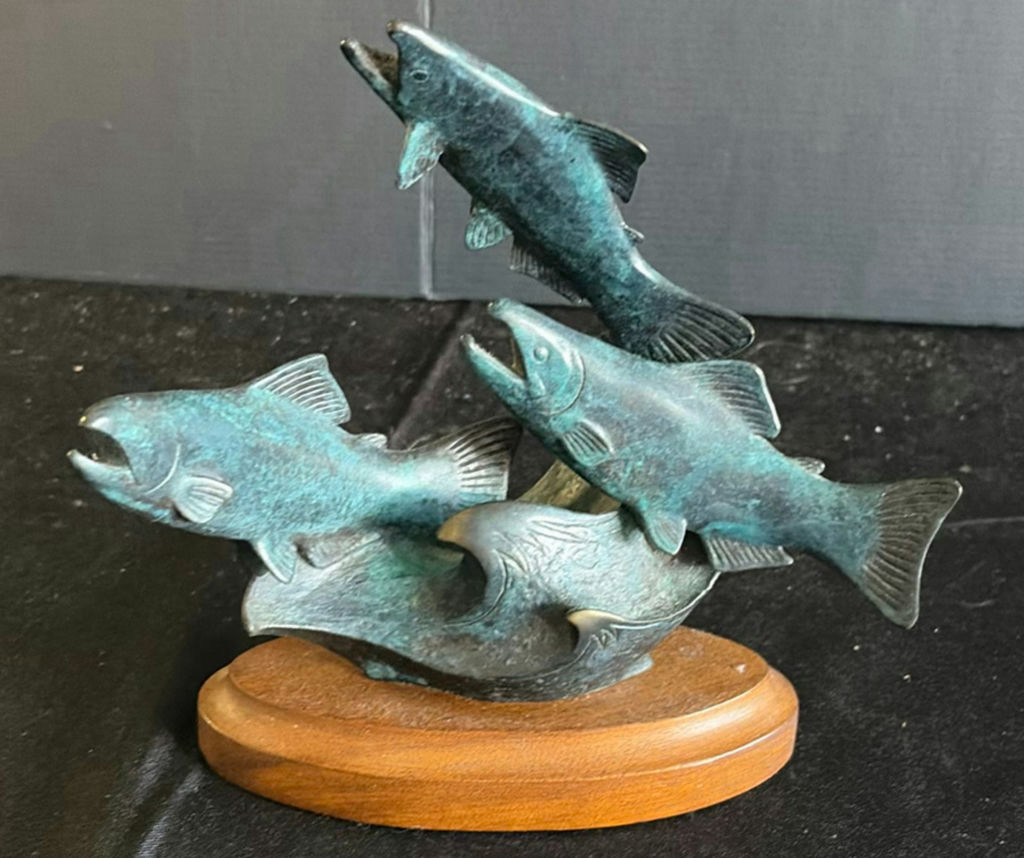 Group of Five Patinated Metal Fish Sculptures on Wood Base - image 1 of 4