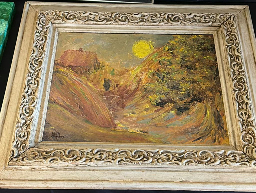 Ruth Shirley framed paintings: chair, florals, landscape, and abstract greens - image 4 of 8