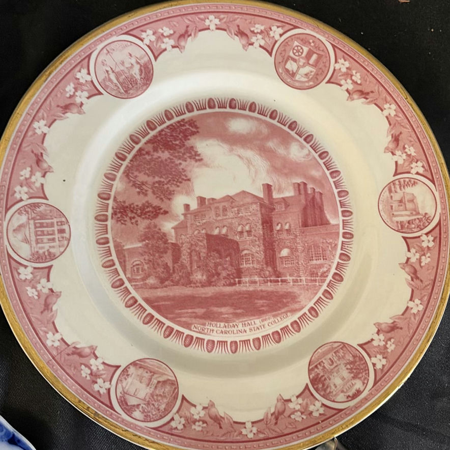 Decorative ceramic plate set: blue-and-white scenes and pink transferware with spoon - image 3 of 8