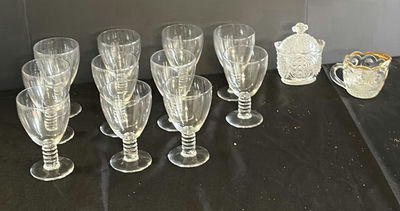Clear glass goblets with twisted stems and crystal serving pieces - Image 1 of 5