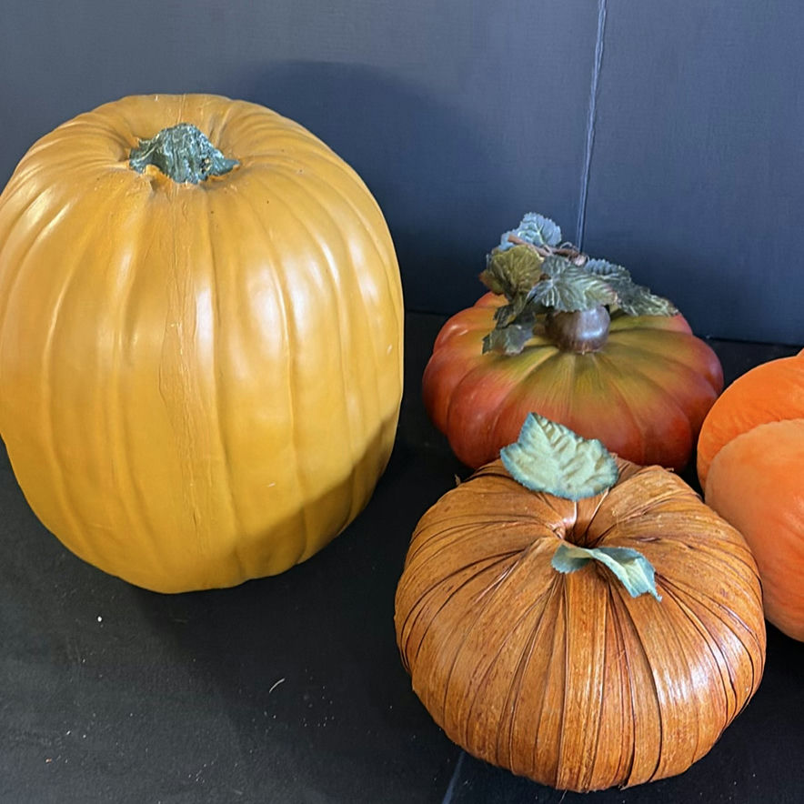 Assorted Halloween decor: plush pumpkins, cow-patterned cushion, and vintage candle box - image 2 of 6