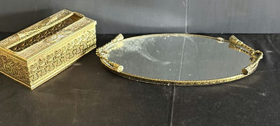 Ornate Gold-Tone Jewelry Box and Oval Mirror - Image 1 of 3