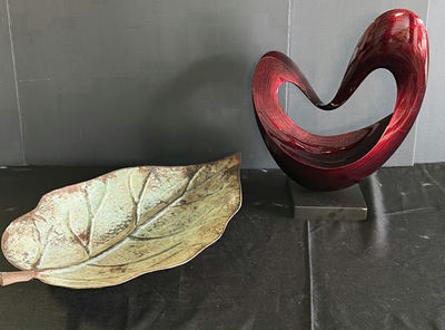Leaf-shaped ceramic dish and red curved sculpture - Image 1 of 3