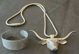 Longhorn bull head pendant necklace and engraved cuff bracelet - thumbnail 1 of 4