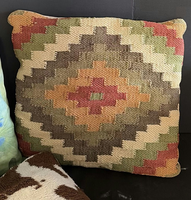 Decorative throw pillows: blue floral, kilim, and cowhide patterns - image 4 of 4