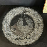 Round etched glass plate with crane motif and wooden relief plaque; small wood sculpture - thumbnail 2 of 3
