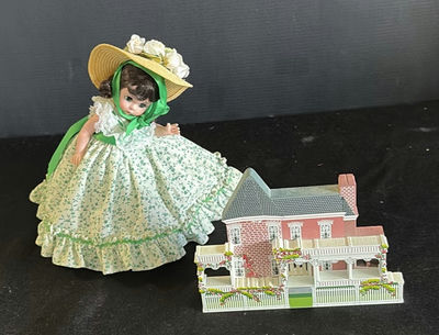 Doll in Floral Dress with Miniature Dollhouse and Gone With the Wind Insert - Image 1 of 4