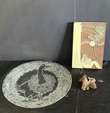 Round etched glass plate with crane motif and wooden relief plaque; small wood sculpture - thumbnail 1 of 3