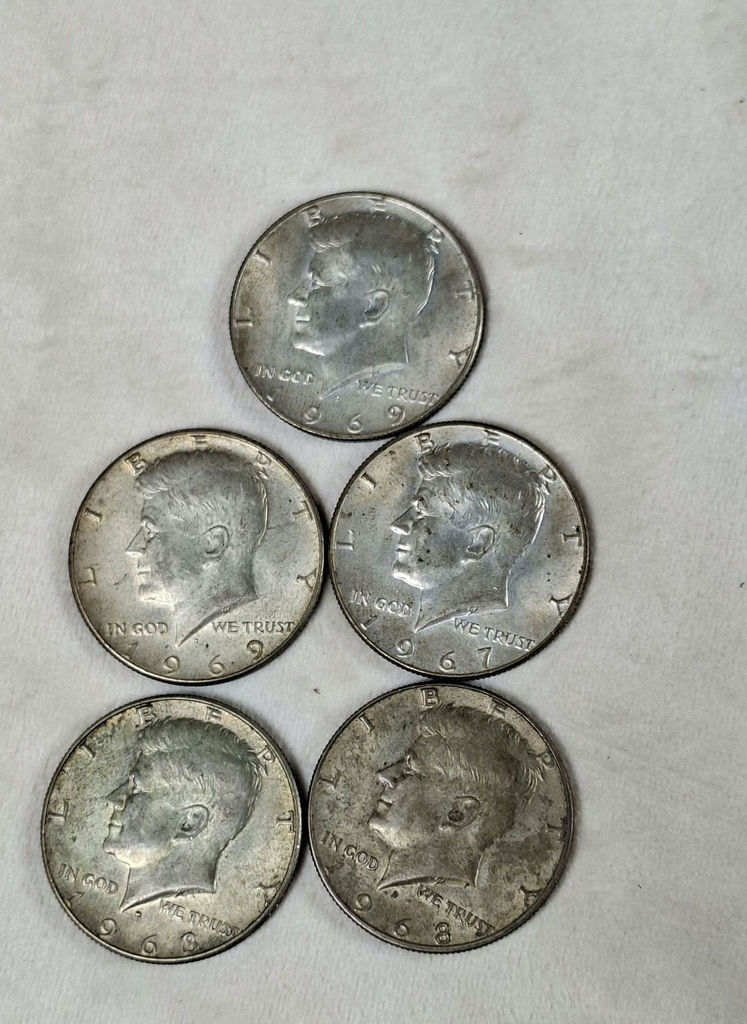 Five Kennedy Half Dollar Coins, 40% SILVER 1967,68,69 - image 3 of 4