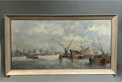 Signed Pieter Van Schaik Rotterdam Harbor Oil Painting - Image 1 of 6