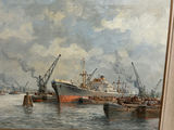 Signed Pieter Van Schaik Rotterdam Harbor Oil Painting - thumbnail 4 of 6