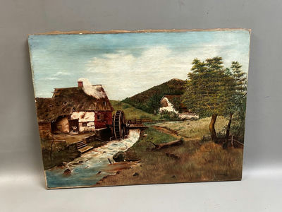Signed Landscape Waterwheel Oil Painting - Image 1 of 5