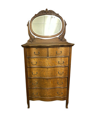 Antique Oak Serpentine Tilt Mirror Dresser - Image 1 of 7