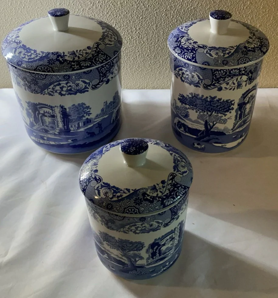 Set of Three Spode Blue and White Ceramic Canisters with Lids - image 1 of 6