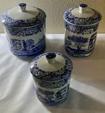 Set of Three Spode Blue and White Ceramic Canisters with Lids - thumbnail 1 of 6