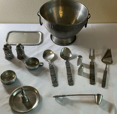 Holsen Norway Pewter Serving Bowl and Utensil Set - Image 1 of 13