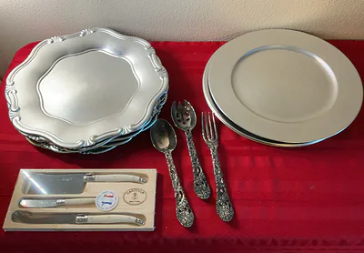 Sur La Table Charger Plates, French Cheese Knife Set and Neiman Marcus Serving Utensils - Image 1 of 9
