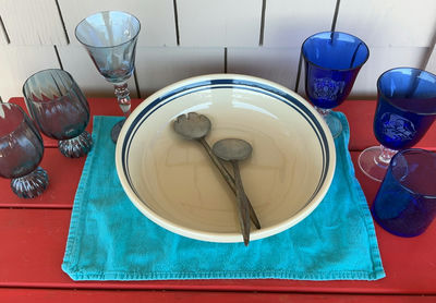 Large Ceramic Bowl, Cobalt Glassware, Pewter Serving Spoons - Image 1 of 8