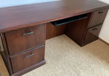 Dark Wood Office Desk with Center Keyboard Tray and Dual Pedestal Drawers - thumbnail 1 of 8