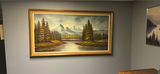 Vintage wooden media cabinet with CRT TV, blue upholstered recliner, end table, and landscape painting - thumbnail 6 of 7