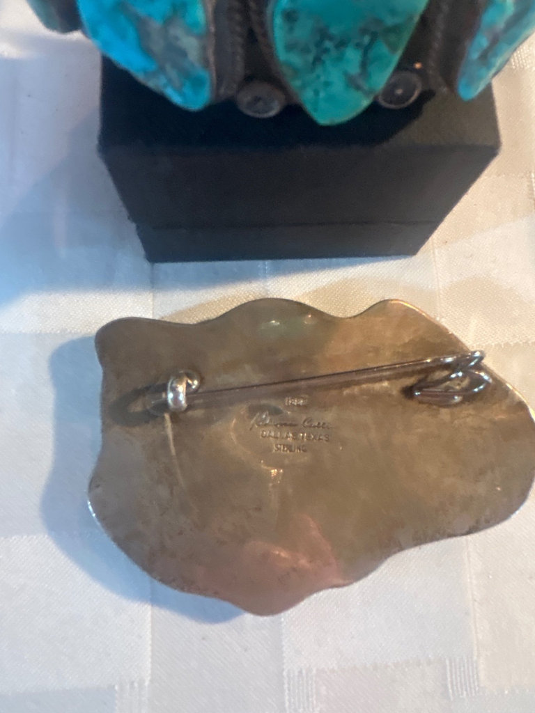 Huge Sterling & Turquoise signed pin, & cuff bracelet - image 2 of 5
