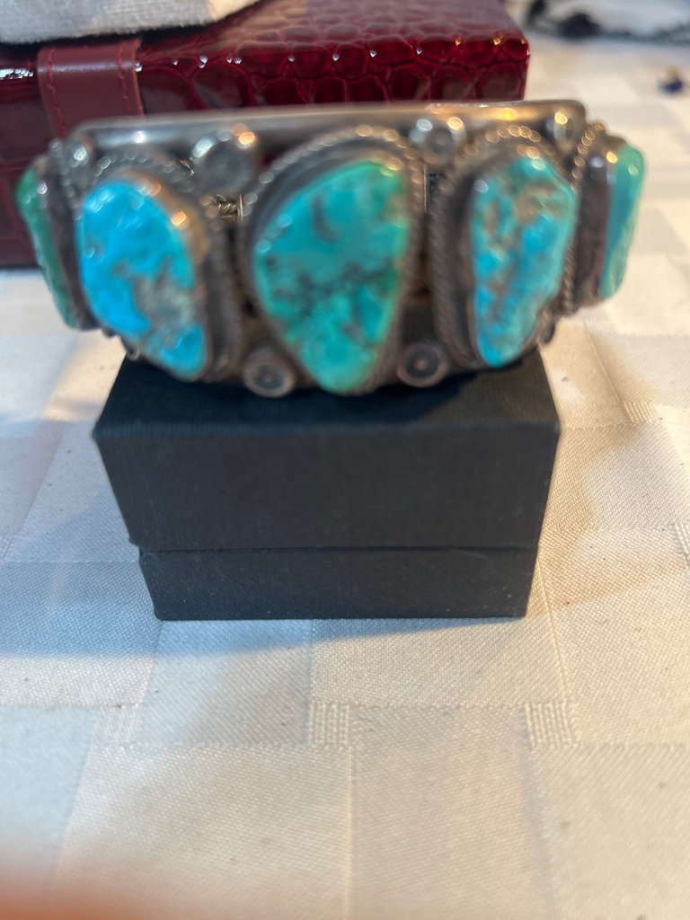 Huge Sterling & Turquoise signed pin, & cuff bracelet - image 4 of 5