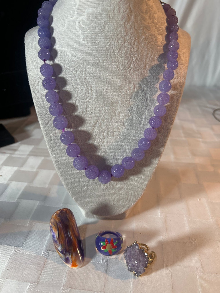 Lavender Jade necklace, and three rings - image 1 of 4