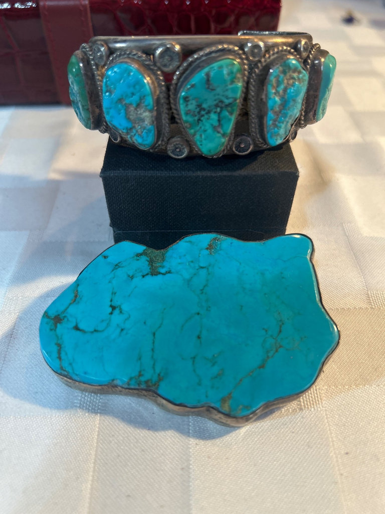 Signed sterling and turquoise pin and cuff bracelet, Port Townsend area auction