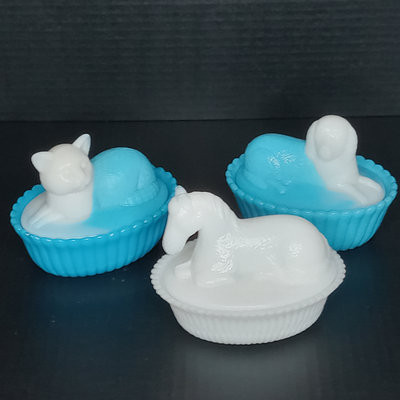 Antique Milk Glass Animal on Basket Dishes - Image 1 of 12