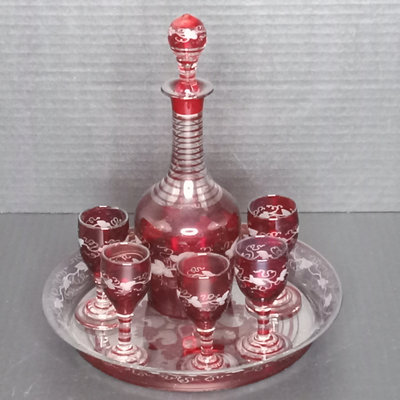 Antique Cranberry Glass Decanter Set - Image 1 of 13