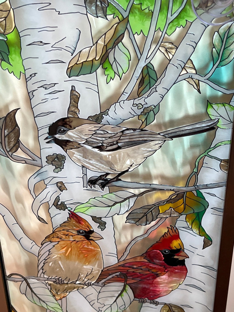 Stained painted glass panel with birds on a birch tree - image 2 of 5
