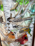 Stained painted glass panel with birds on a birch tree - thumbnail 2 of 5