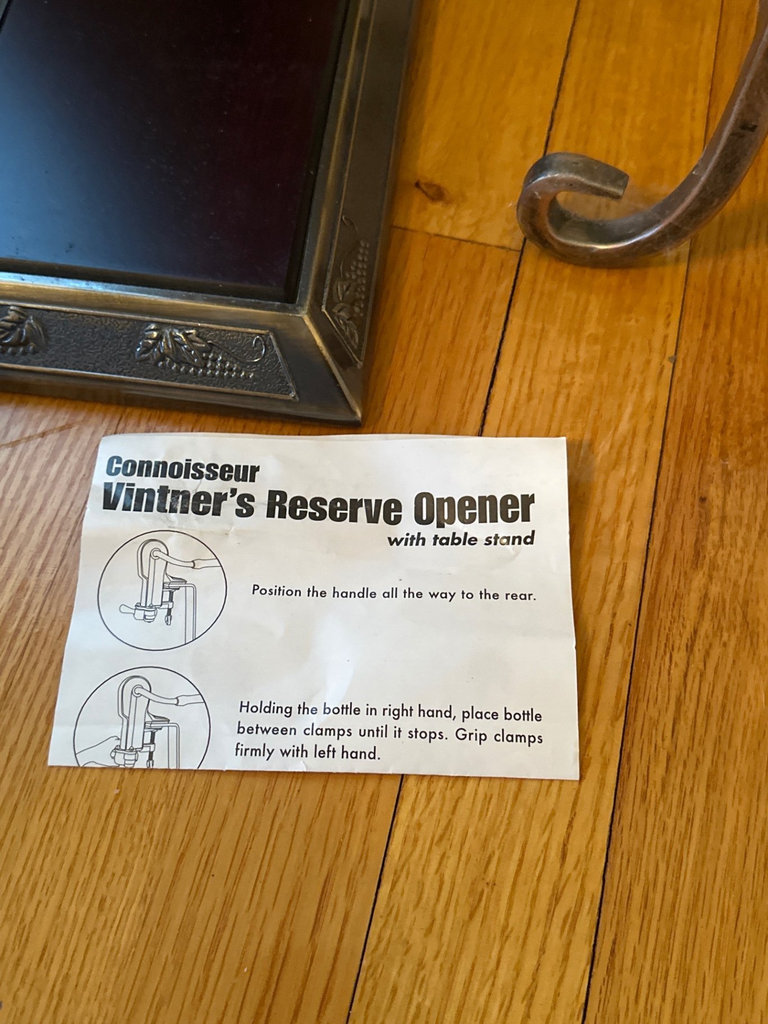Vintage lever-style wine opener on decorative stand with wine rack - image 2 of 6