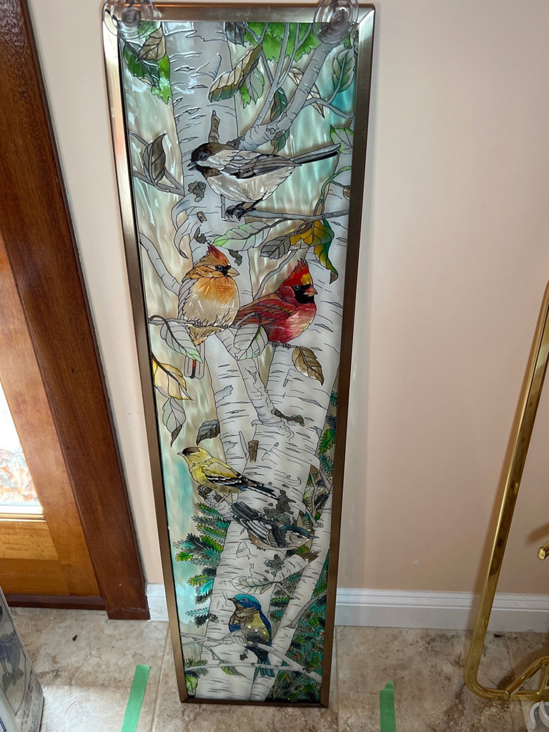 Stained painted glass panel with birds on a birch tree - image 3 of 5