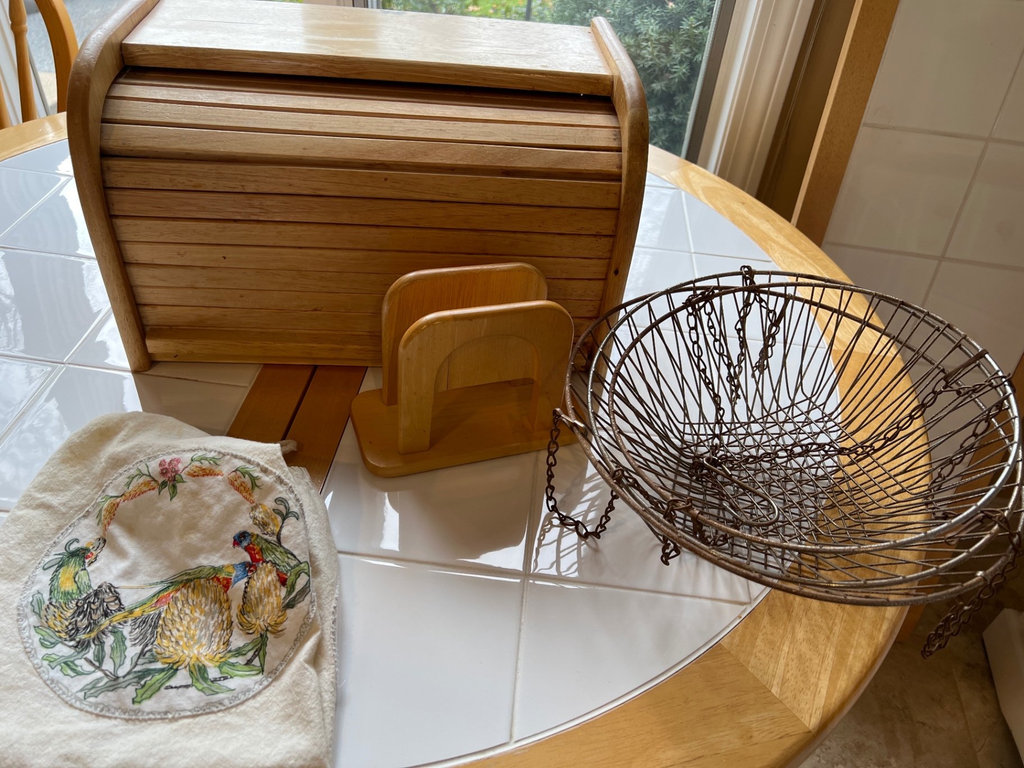 Wooden kitchen storage set with bread box, napkin holder, wire fruit basket, and embroidered towel - image 1 of 6
