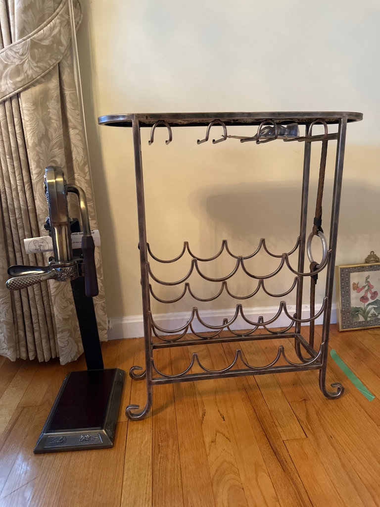 Vintage lever-style wine opener on decorative stand with wine rack - image 4 of 6