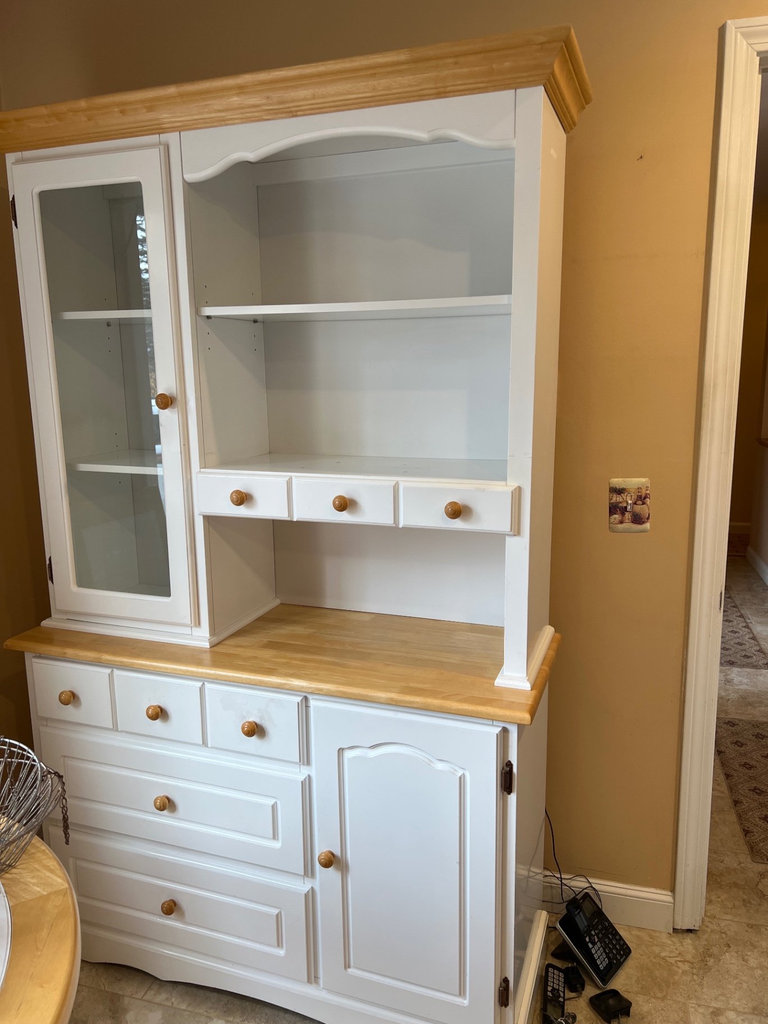 White wood hutch with glass display cabinet and drawers - image 1 of 4
