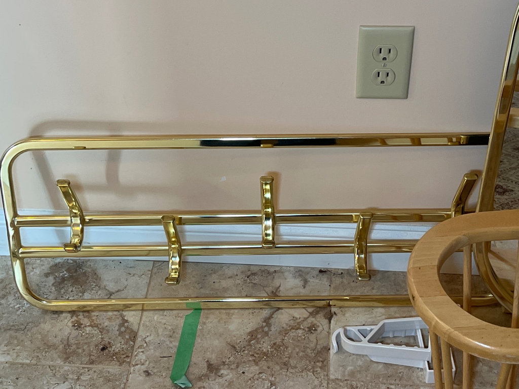 Gold-tone mirror, brass rack, and wooden magazine rack - image 3 of 5