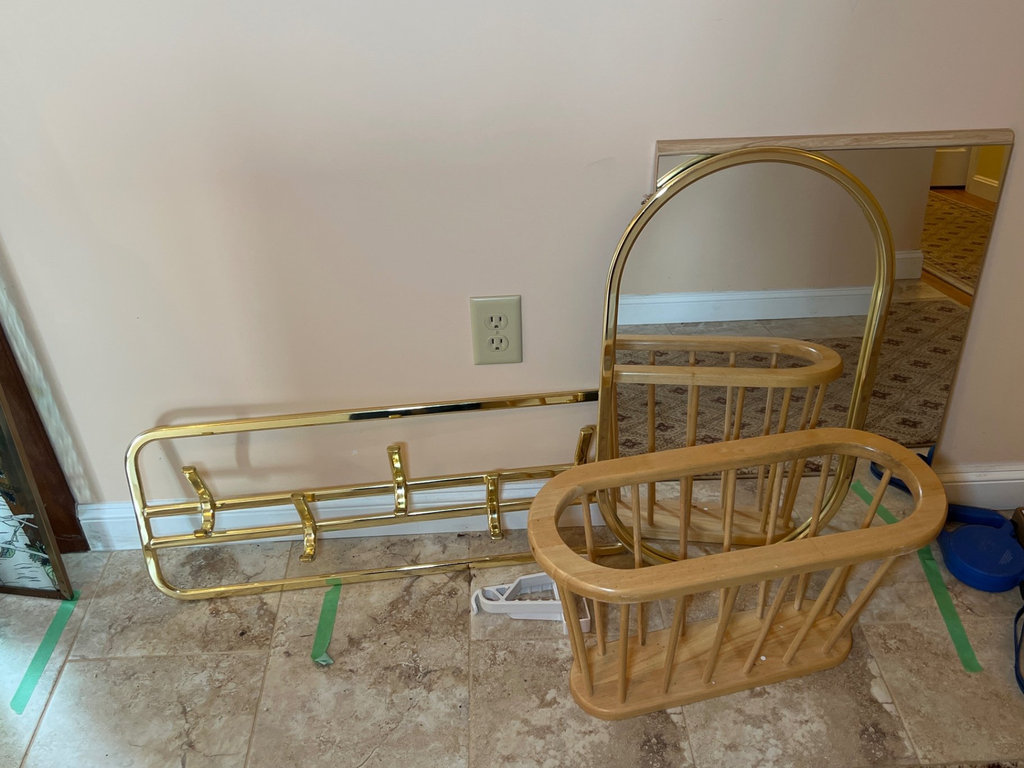 Gold-tone mirror, brass rack, and wooden magazine rack - image 1 of 5