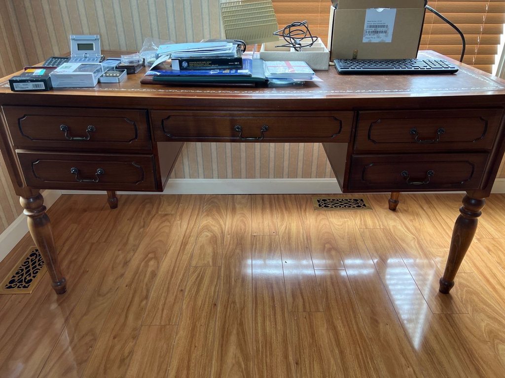 Vintage wooden desk with leather top and five drawers - image 2 of 7