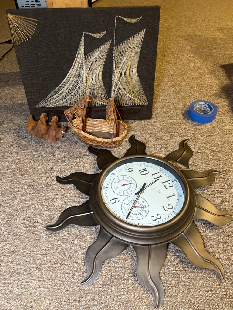 Sunburst wall clock and nautical string-art ships with wicker basket - image 3 of 9