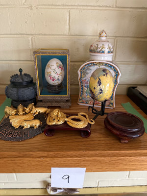 Asian metal figurines, ceramic urn, decorative eggs - Image 1 of 9