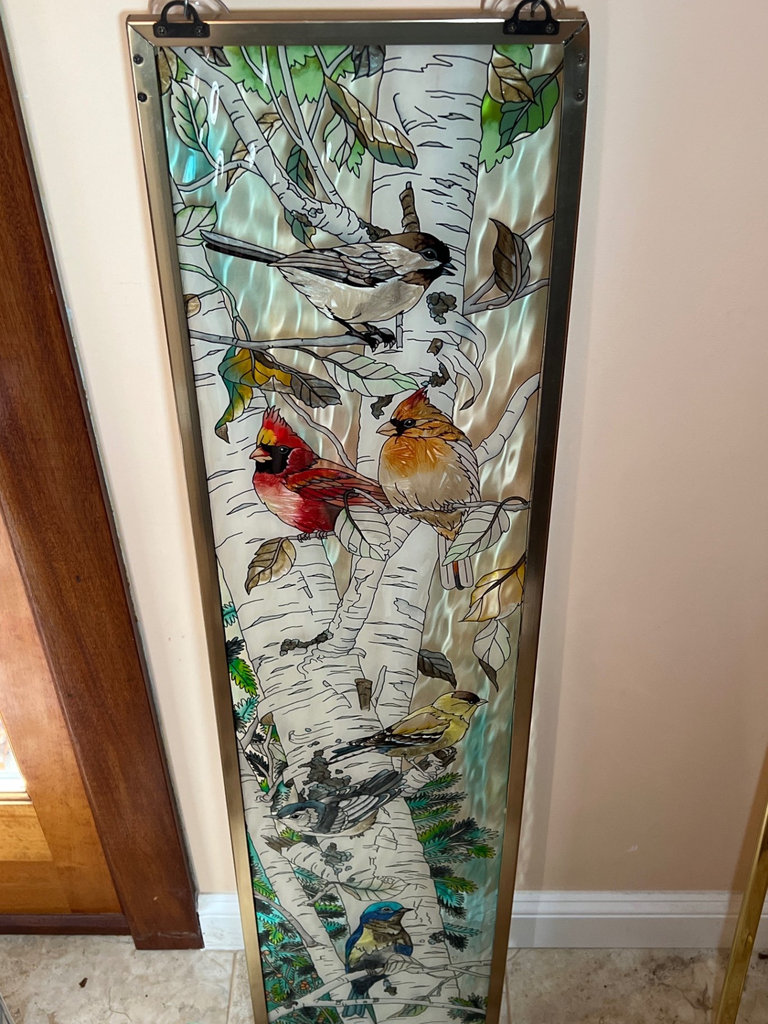 Stained painted glass panel with birds on a birch tree - image 1 of 5