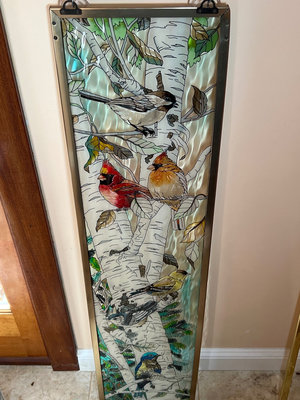 Stained painted glass panel with birds on a birch tree - Image 1 of 5